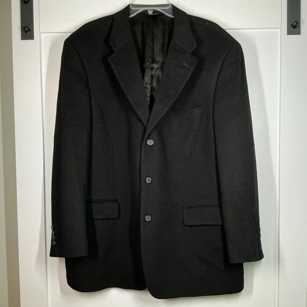 Bill Blass‎ Camel Hair Blazer Jacket Black Men's Size 46L Sports Coat Classic